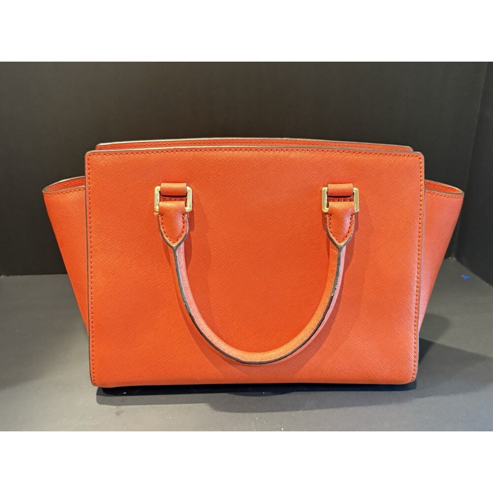 Michael Kors Selma Medium Saffiano Leather Satchel Bag Orange Gold Hardware - Picture 4 of 8